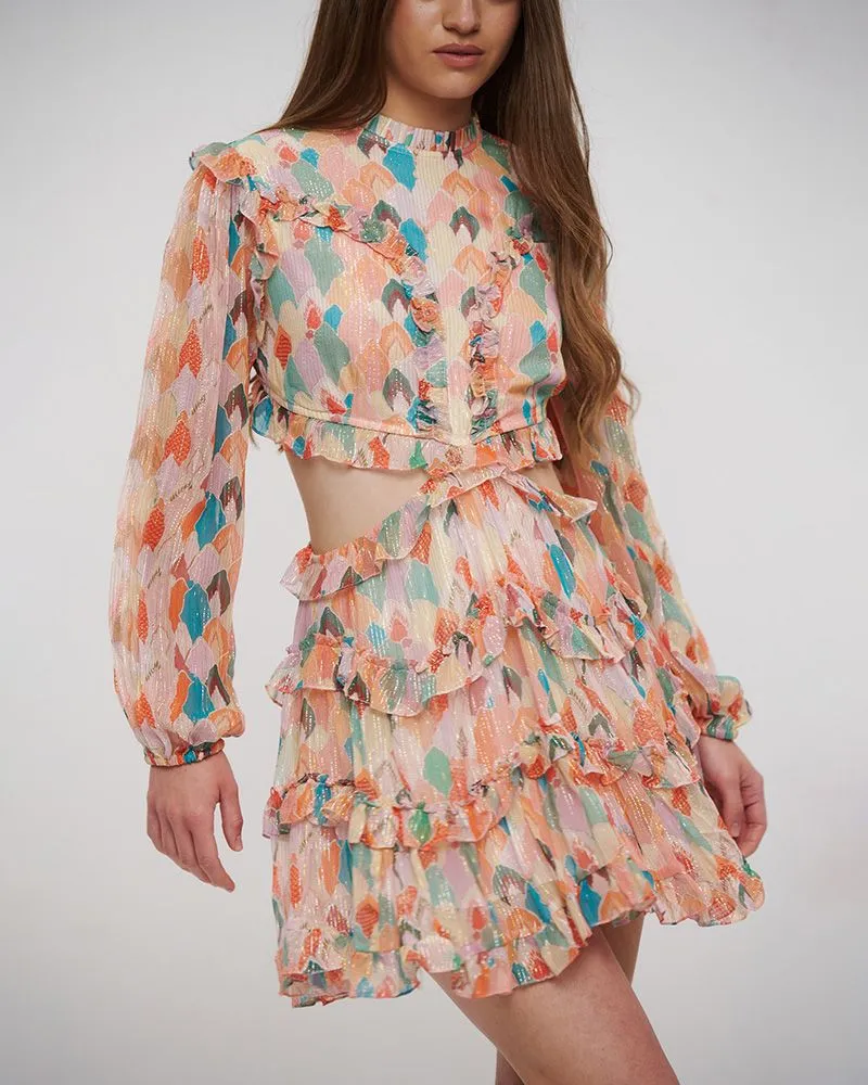 ΦΟΡΕΜΑ ΚΟΝΤΟ ΜΕ ΜΑΚΡΥ ΜΑΝΙΚΙ ΚΑΙ ΑΝΟΙΓΜΑ ΣΤΗ ΠΛΑΤΗ ΠΟΛΥΧΡΩΜΟ ΜΕ LUREX ONE SIZE (VISCOSE GEORGETTE)