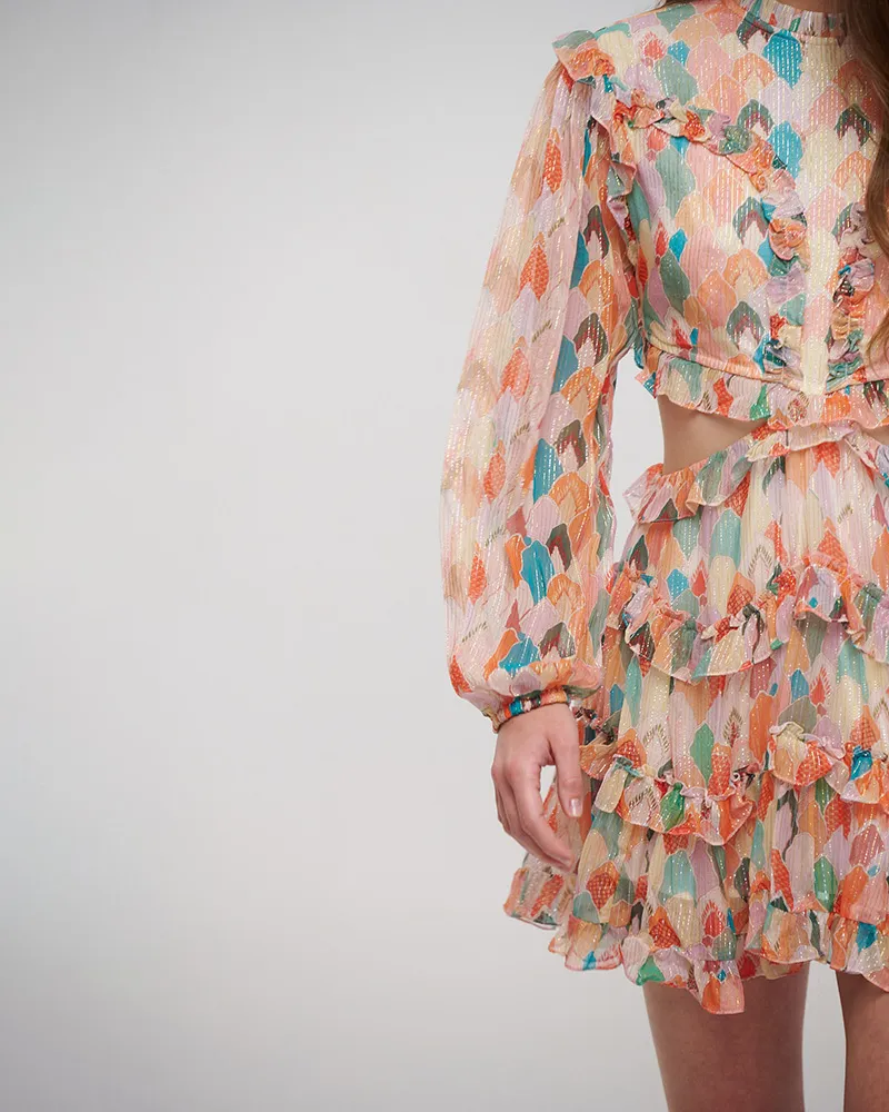 ΦΟΡΕΜΑ ΚΟΝΤΟ ΜΕ ΜΑΚΡΥ ΜΑΝΙΚΙ ΚΑΙ ΑΝΟΙΓΜΑ ΣΤΗ ΠΛΑΤΗ ΠΟΛΥΧΡΩΜΟ ΜΕ LUREX ONE SIZE (VISCOSE GEORGETTE)