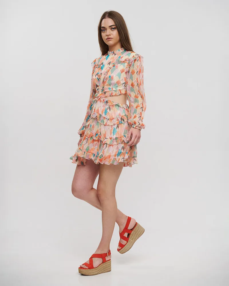 ΦΟΡΕΜΑ ΚΟΝΤΟ ΜΕ ΜΑΚΡΥ ΜΑΝΙΚΙ ΚΑΙ ΑΝΟΙΓΜΑ ΣΤΗ ΠΛΑΤΗ ΠΟΛΥΧΡΩΜΟ ΜΕ LUREX ONE SIZE (VISCOSE GEORGETTE)