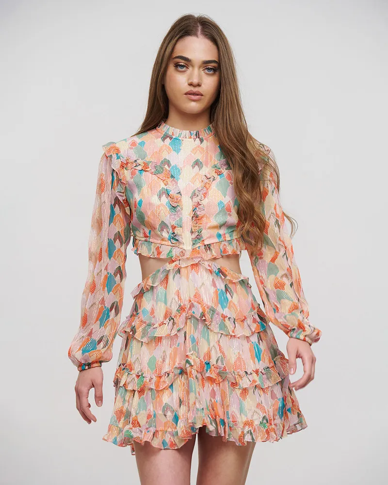 ΦΟΡΕΜΑ ΚΟΝΤΟ ΜΕ ΜΑΚΡΥ ΜΑΝΙΚΙ ΚΑΙ ΑΝΟΙΓΜΑ ΣΤΗ ΠΛΑΤΗ ΠΟΛΥΧΡΩΜΟ ΜΕ LUREX ONE SIZE (VISCOSE GEORGETTE)