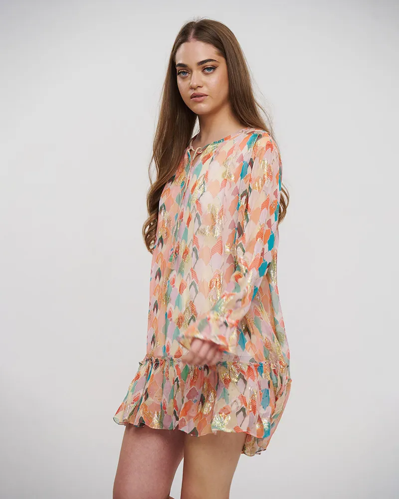 ΦΟΡΕΜΑ ΚΟΝΤΟ ΜΕ ΜΑΚΡΥ ΜΑΝΙΚΙ ΠΟΛΥΧΡΩΜΟ ΜΕ LUREX ONE SIZE (VISCOSE GEORGETTE)