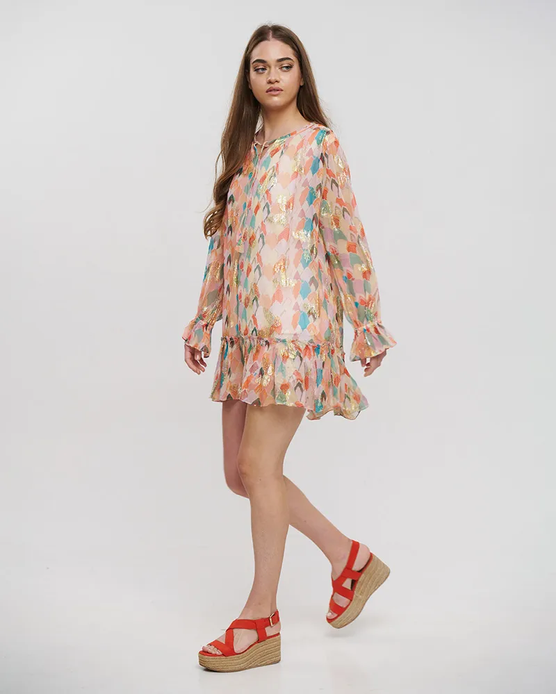 ΦΟΡΕΜΑ ΚΟΝΤΟ ΜΕ ΜΑΚΡΥ ΜΑΝΙΚΙ ΠΟΛΥΧΡΩΜΟ ΜΕ LUREX ONE SIZE (VISCOSE GEORGETTE)