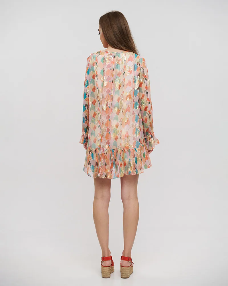 ΦΟΡΕΜΑ ΚΟΝΤΟ ΜΕ ΜΑΚΡΥ ΜΑΝΙΚΙ ΠΟΛΥΧΡΩΜΟ ΜΕ LUREX ONE SIZE (VISCOSE GEORGETTE)