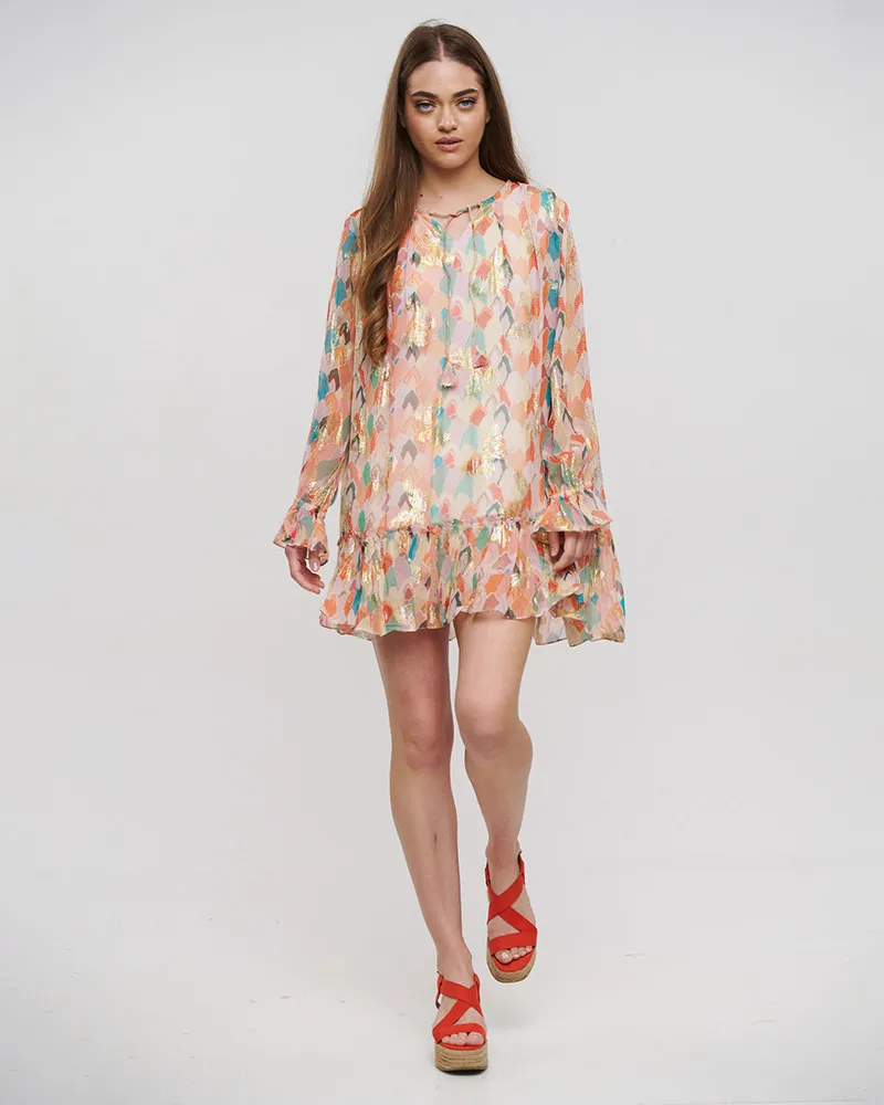 ΦΟΡΕΜΑ ΚΟΝΤΟ ΜΕ ΜΑΚΡΥ ΜΑΝΙΚΙ ΠΟΛΥΧΡΩΜΟ ΜΕ LUREX ONE SIZE (VISCOSE GEORGETTE)