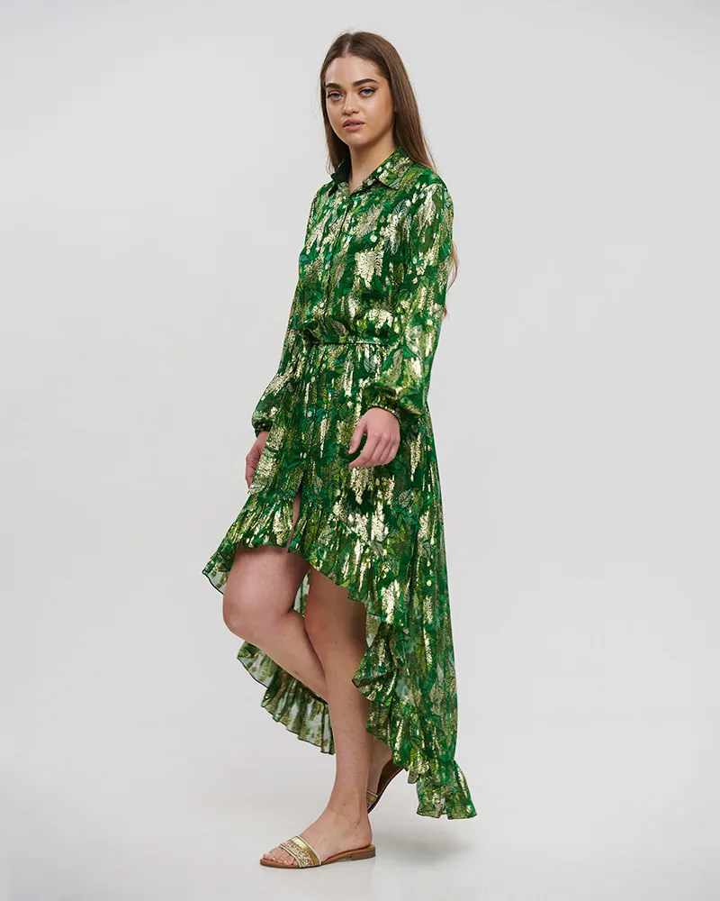 ΦΟΡΕΜΑ ΑΣΥΜΜΕΤΡΟ ΜΕ ΜΑΚΡΥ ΜΑΝΙΚΙ ΠΡΑΣΙΝΟ ΜΕ LUREX ONE SIZE (VISCOSE GEORGETTE)