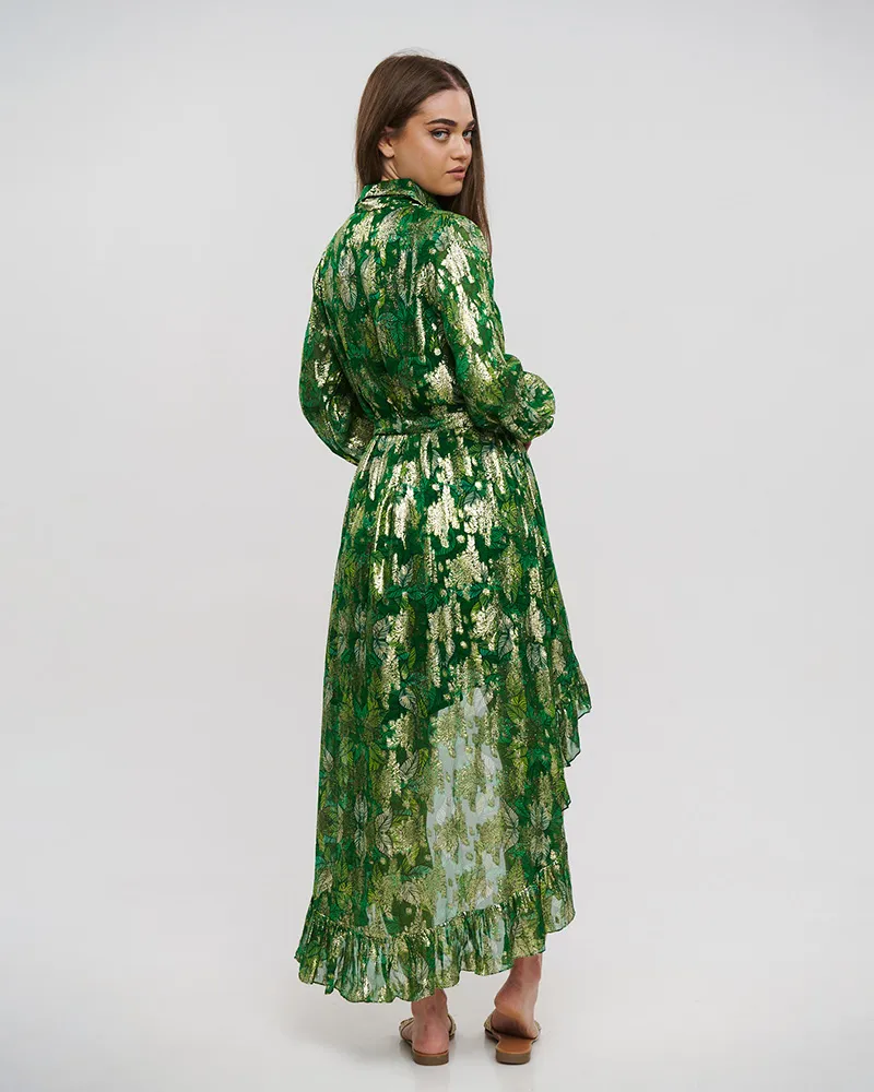 ΦΟΡΕΜΑ ΑΣΥΜΜΕΤΡΟ ΜΕ ΜΑΚΡΥ ΜΑΝΙΚΙ ΠΡΑΣΙΝΟ ΜΕ LUREX ONE SIZE (VISCOSE GEORGETTE)