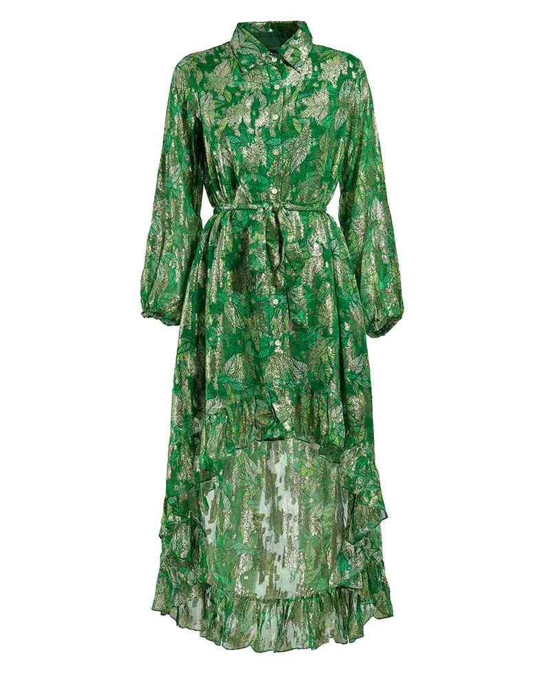 ΦΟΡΕΜΑ ΑΣΥΜΜΕΤΡΟ ΜΕ ΜΑΚΡΥ ΜΑΝΙΚΙ ΠΡΑΣΙΝΟ ΜΕ LUREX ONE SIZE (VISCOSE GEORGETTE)