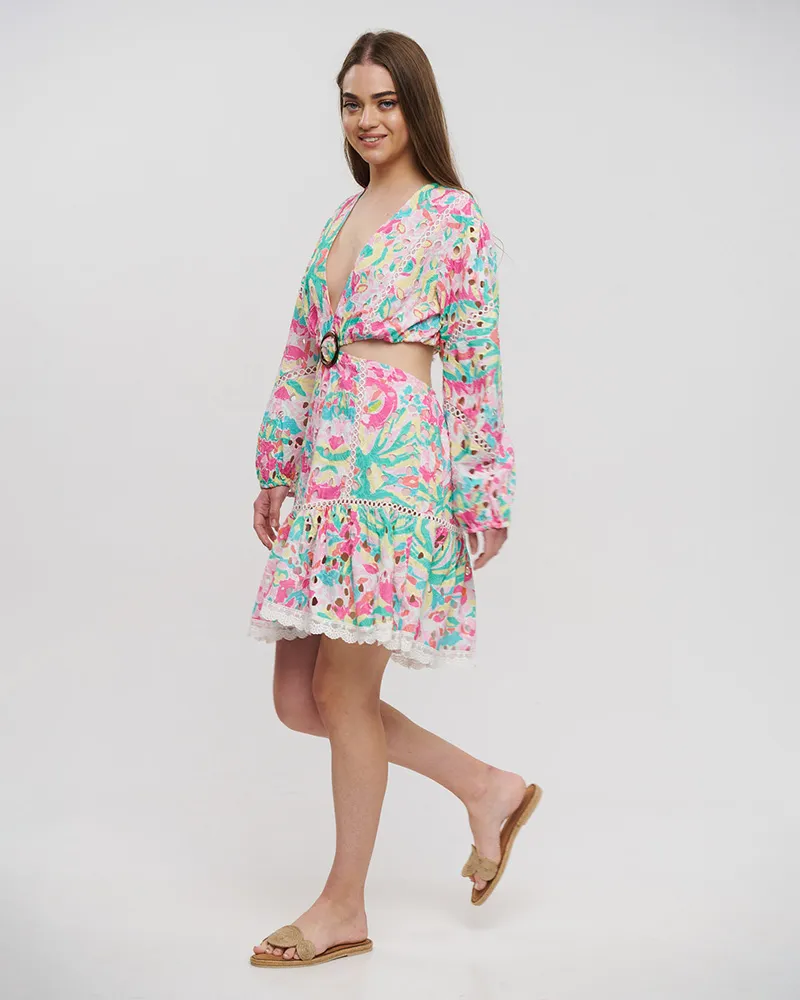 ΦΟΡΕΜΑ ΚΟΝΤΟ ΜΕ ΜΑΚΡΥ ΜΑΝΙΚΙ ΚΑΙ ΑΝΟΙΓΜΑ ΣΤΗ ΠΛΑΤΗ ΠΟΛΥΧΡΩΜΟ ONE SIZE (100% COTTON)