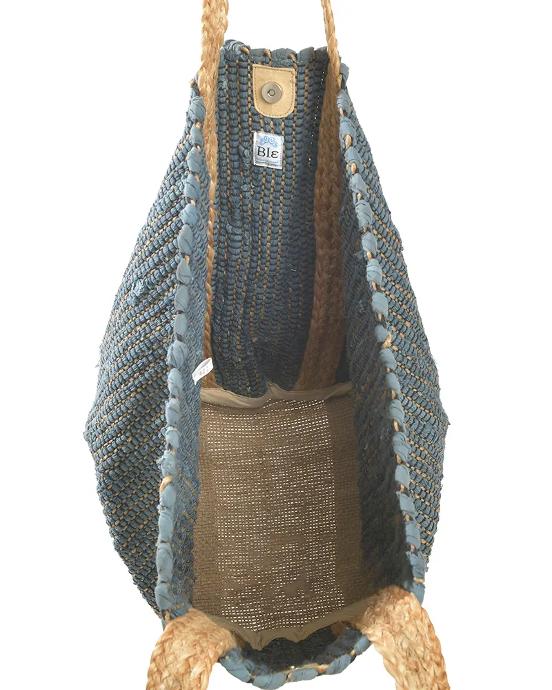 ΤΣΑΝΤΑ ΥΦΑΣΜΑΤΙΝΗ ΜΠΛΕ ΣΚΟΥΡΟ ''BEACH'' ΜΕ ΧΕΡΟΥΛΙΑ ΑΠΟ ΓΙΟΥΤΑ 46x16x40(COTTON/JUTE)