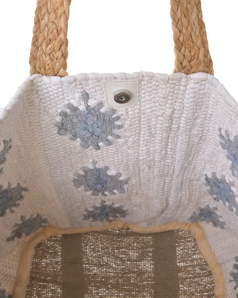 ΤΣΑΝΤΑ ΑΠΟ ΓΙΟΥΤΑ ΣΕ ΛΕΥΚΌ ΜΕ ΓΚΡΙ ΛΟΥΛΟΥΔΙΑ ΚΑΙ ΜΠΕΖ ΛΟΥΡΑΚΙΑ 31X40X31 (70% COTTON 30% JUTE)