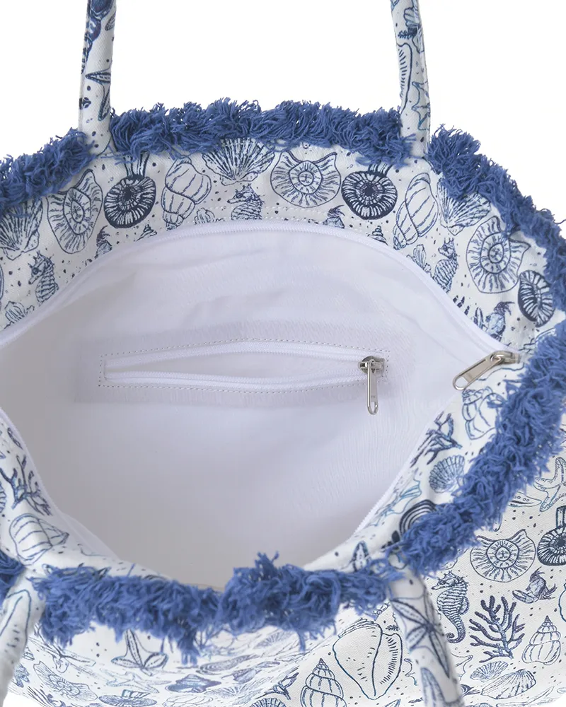 ΤΣΑΝΤΑ ΥΦΑΣΜΑΤΙΝΗ ΛΕΥΚΗ/ΜΠΛΕ ΜΕ ΚΟΧΥΛΙΑ ΚΑΙ ΙΠΠΟΚΑΜΠΟΥΣ 40X32X14 (100% COTTON CANVAS)