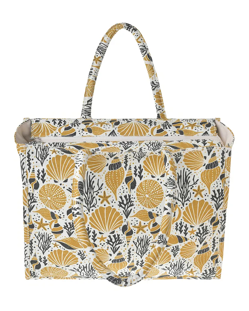 ΤΣΑΝΤΑ ΥΦΑΣΜΑΤΙΝΗ ΕΚΡΟΥ/ΜΟΥΣΤΑΡΔΙ/ΜΑΥΡΟ ΜΕ ΚΟΧΥΛΙΑ ΚΑΙ ΚΟΡΑΛΙΑ 40X32X14 (100% COTTON CANVAS)