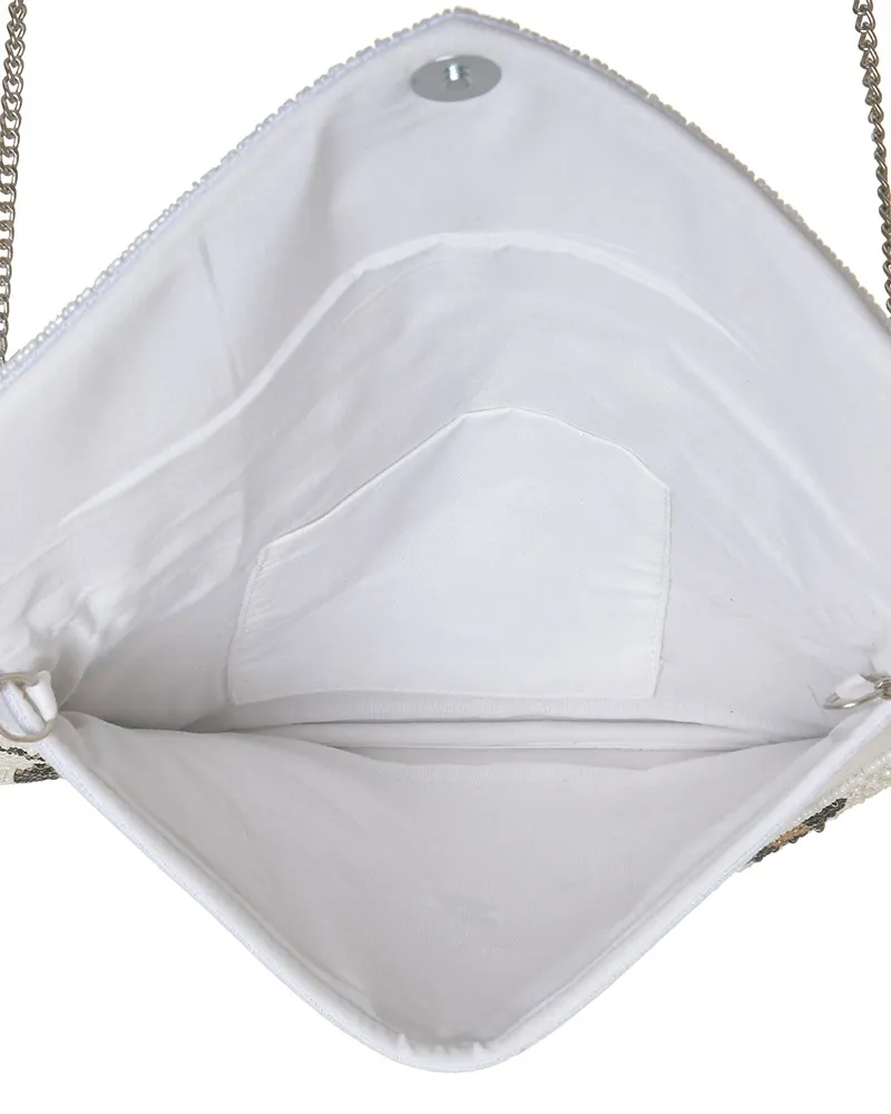 ΤΣΑΝΤΑΚΙ ΥΦΑΣΜΑΤΙΝΟ ΛΕΥΚΟ ΜΕ ΜΑΥΡΕΣ/ΧΡΥΣΕΣ ΧΑΝΤΡΕΣ (100% COTTON) 26Χ1Χ18/68