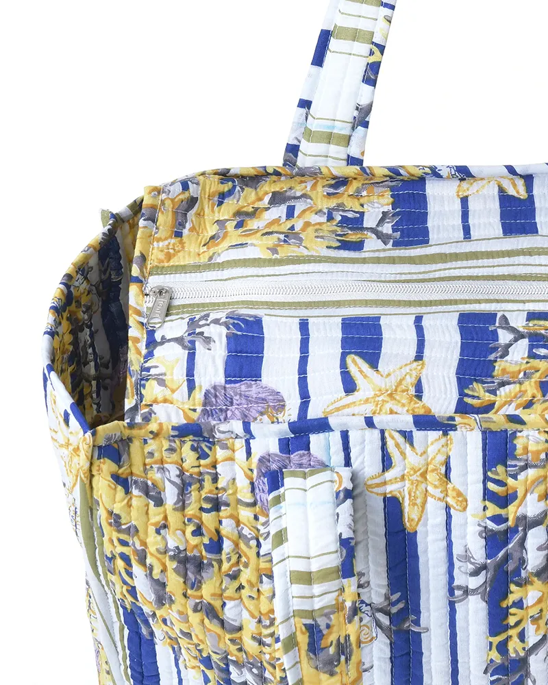 ΤΣΑΝΤΑ ΥΦΑΣΜΑΤΙΝΗ ''ΚΟΡΑΛΙΑ'' ME ΜΠΛΕ/ΧΡΥΣΕΣ ΛΕΠΤΟΜΕΡΕΙΕΣ 37X33X18 (100% COTTON)