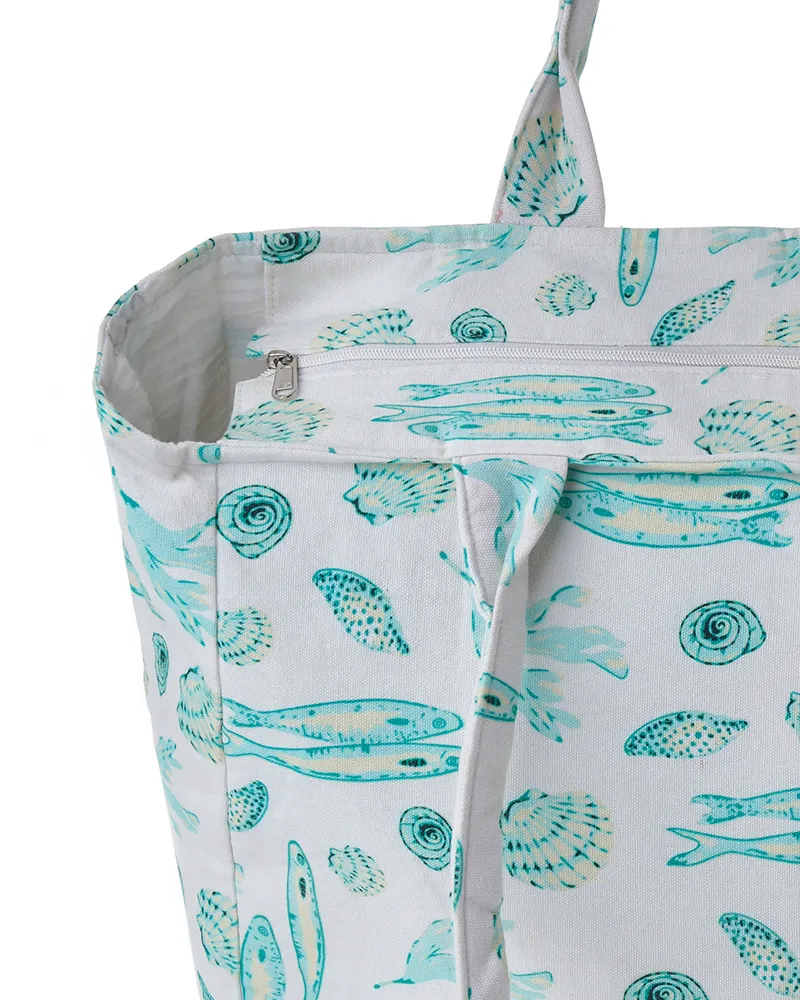 ΤΣΑΝΤΑ ΥΦΑΣΜΑΤΙΝΗ ΛΕΥΚΗ ΜΕ ΤΙΡΚΟΥΑΖ ΨΑΡΙΑ ΚΑΙ ΚΟΧΥΛΙΑ 42X35X20 (100% COTTON)