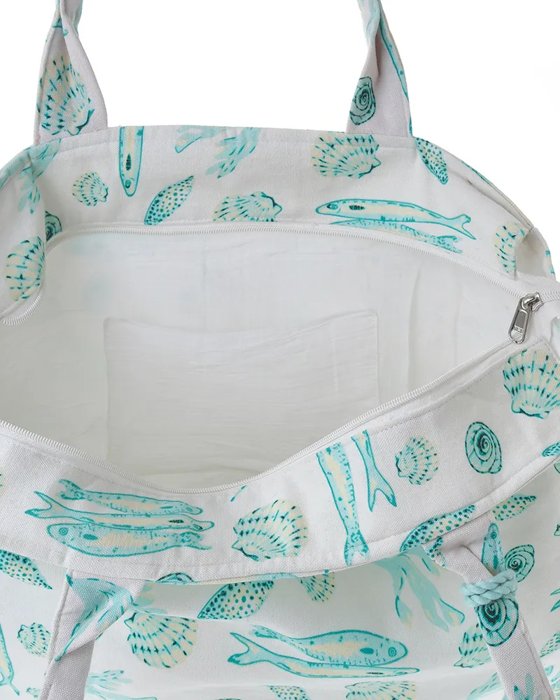 ΤΣΑΝΤΑ ΥΦΑΣΜΑΤΙΝΗ ΛΕΥΚΗ ΜΕ ΤΙΡΚΟΥΑΖ ΨΑΡΙΑ ΚΑΙ ΚΟΧΥΛΙΑ 42X35X20 (100% COTTON)