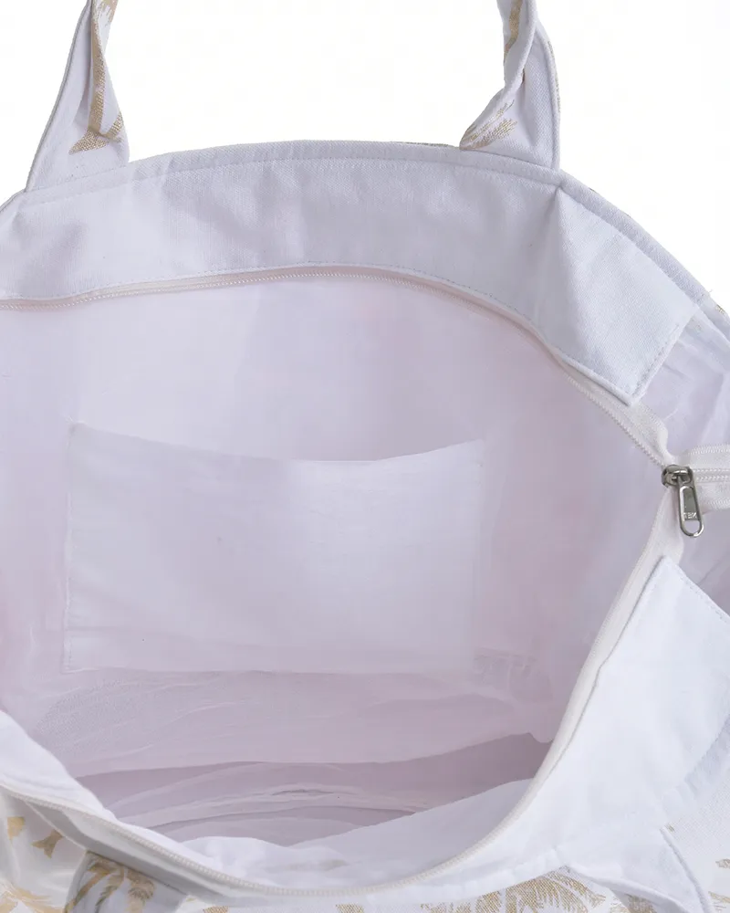 ΤΣΑΝΤΑ ΥΦΑΣΜΑΤΙΝΗ ΣΕ ΛΕΥΚΟ ΧΡΩΜΑ ΜΕ ΦΟΙΝΙΚΕΣ 42X35X20 (100% COTTON)