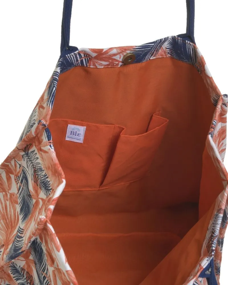 ΤΣΑΝΤΑ ΥΦΑΣΜΑΤΙΝH ΠΟΡΤΟΚΑΛΙ/ΜΠΛΕ ΜΕ ΦΥΛΛΑ (50%COTTON 50% POLYESTER) 42Χ15Χ38/62