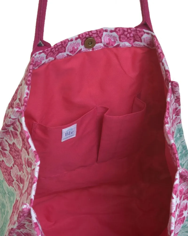 ΤΣΑΝΤΑ ΥΦΑΣΜΑΤΙΝH ΠΡΑΣΙΝΟ/ΡΟΖ ΜΕ ΣΧΕΔΙΑ (50%COTTON 50% POLYESTER) 42Χ15Χ38/62