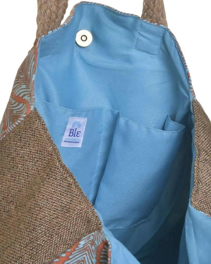 ΤΣΑΝΤΑ ΥΦΑΣΜΑΤΙΝH ΓΑΛΑΖΙΑ/ΠΟΡΤΟΚΑΛΙ/ΚΑΦΕ ΜΕ ΣΧΕΔΙΑ (50%COTTON 50% POLYESTER) 42X10X36/48