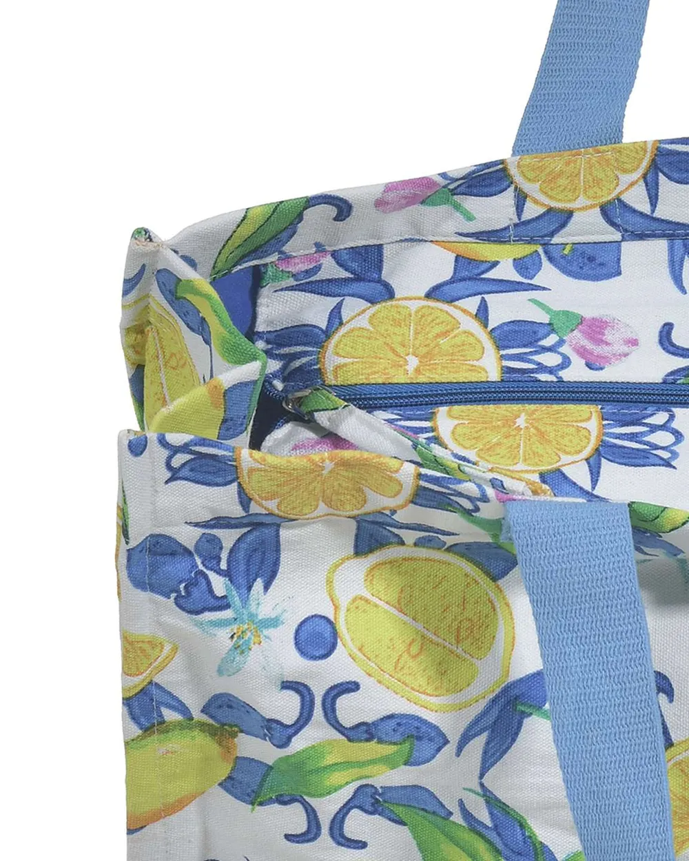 ΤΣΑΝΤΑ ΥΦΑΣΜΑΤΙΝH ΣΕ ΛΕΥΚΟ/ΜΠΛΕ ΧΡΩΜΑ ΜΕ ΛΕΜΟΝΙΑ (60%COTTON 40% POLYESTER)