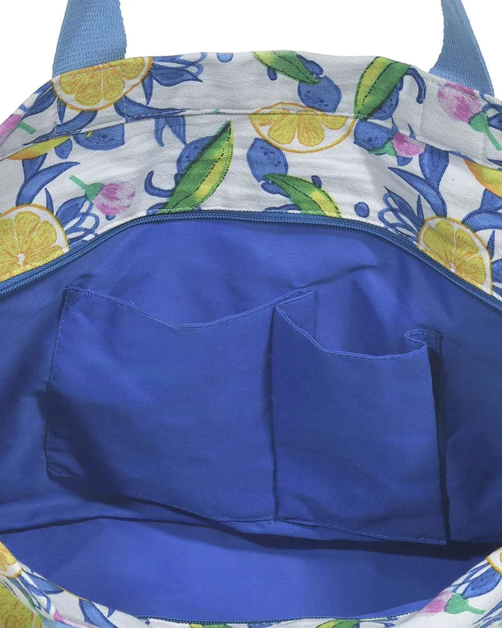 ΤΣΑΝΤΑ ΥΦΑΣΜΑΤΙΝH ΣΕ ΛΕΥΚΟ/ΜΠΛΕ ΧΡΩΜΑ ΜΕ ΛΕΜΟΝΙΑ (60%COTTON 40% POLYESTER)