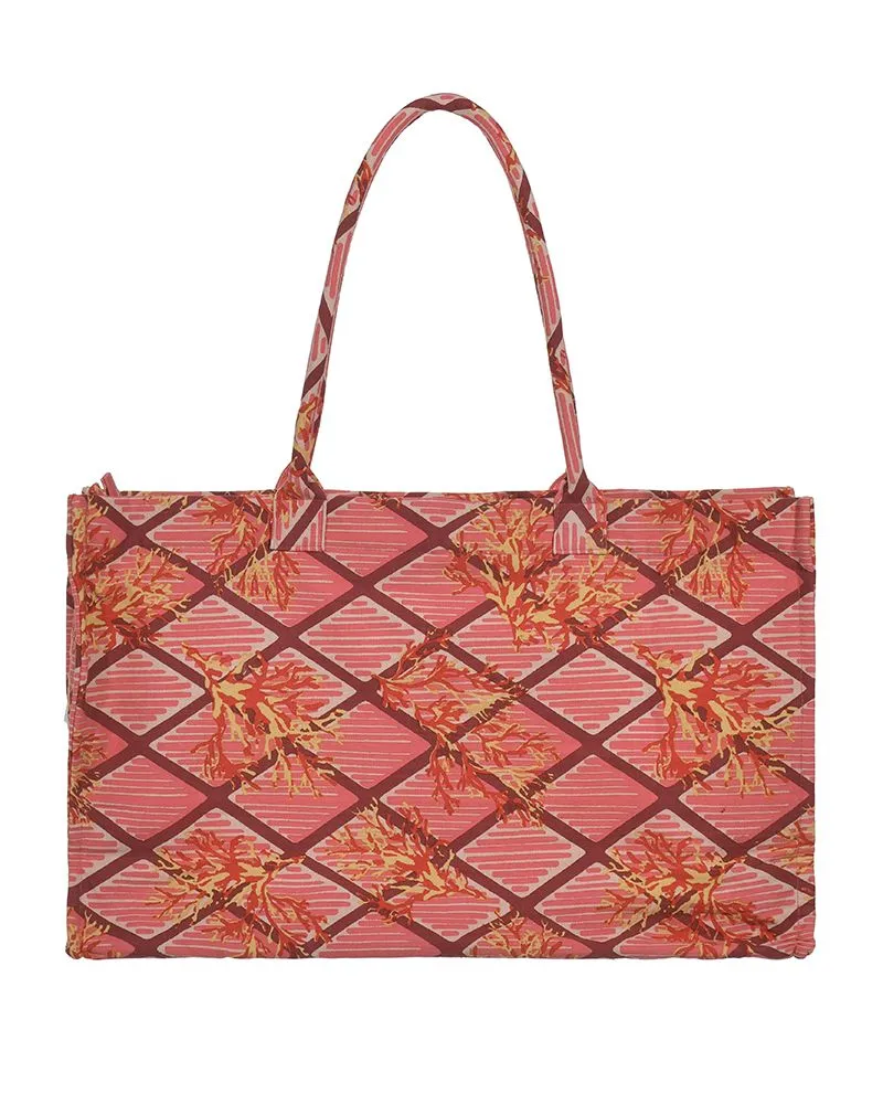 ΤΣΑΝΤΑ ΥΦΑΣΜΑΤΙΝH ΣΕ ΡΟΖ ΧΡΩΜΑ ΜΕ ΚΟΡΑΛΛΙΑ (60%COTTON 40% POLYESTER)