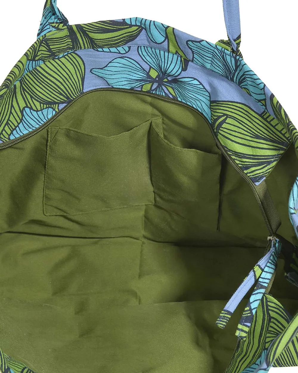 ΤΣΑΝΤΑ ΥΦΑΣΜΑΤΙΝH ΣΕ ΜΠΛΕ/ΠΡΑΣΙΝΟ ΧΡΩΜΑ ΜΕ ΛΟΥΛΟΥΔΙΑ/ΦΥΛΛΑ (60%COTTON 40% POLYESTER)