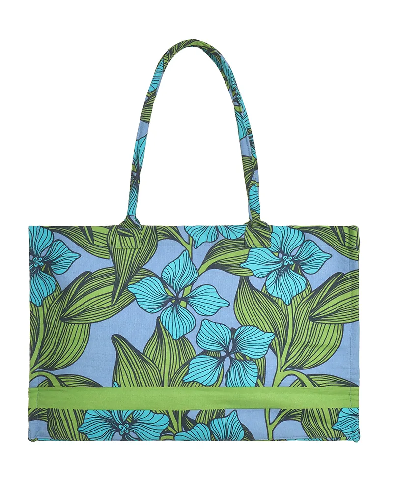 ΤΣΑΝΤΑ ΥΦΑΣΜΑΤΙΝH ΣΕ ΜΠΛΕ/ΠΡΑΣΙΝΟ ΧΡΩΜΑ ΜΕ ΛΟΥΛΟΥΔΙΑ/ΦΥΛΛΑ (60%COTTON 40% POLYESTER)