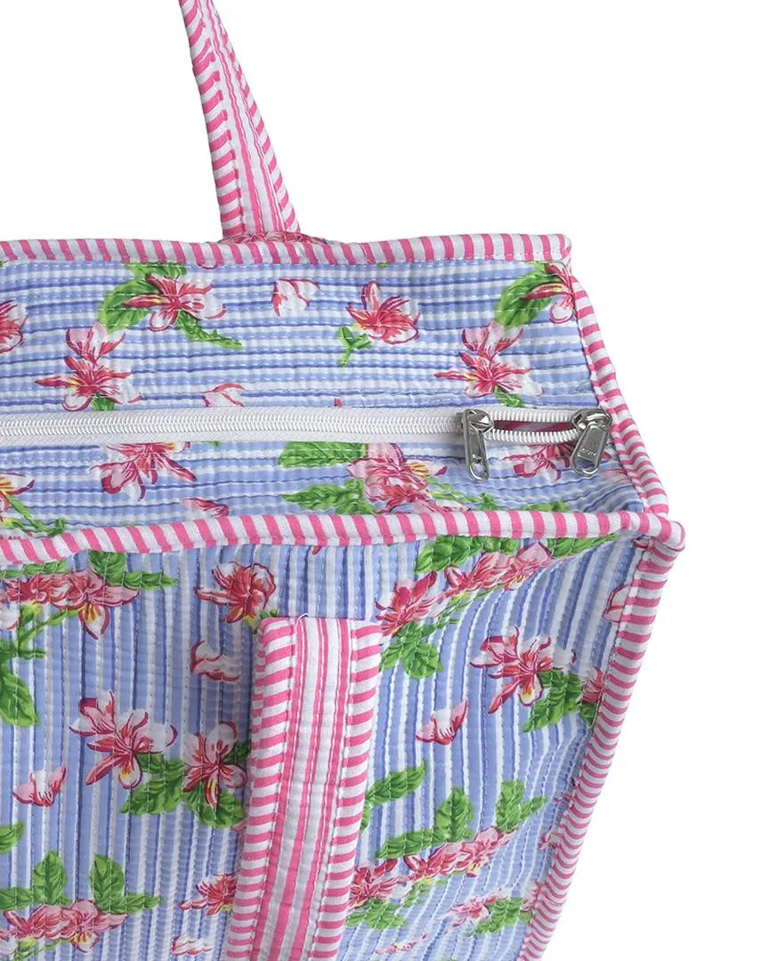 ΤΣΑΝΤΑ ΥΦΑΣΜΑΤΙΝΗ ΚΑΠΙΤΟΝΕ ΓΑΛΑΖΙΟ/ΡΟΖ ΜΕ ΛΟΥΛΟΥΔΙΑ (100% COTTON)