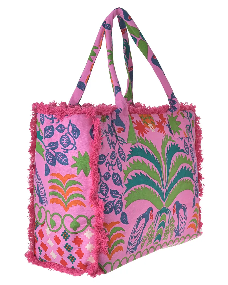 ΤΣΑΝΤΑ ΥΦΑΣΜΑΤΙΝH ΡΟΖ ΜΕ ΠΑΠΑΓΑΛΟΥΣ 42X30X20 (50%COTTON 50% POLYESTER)