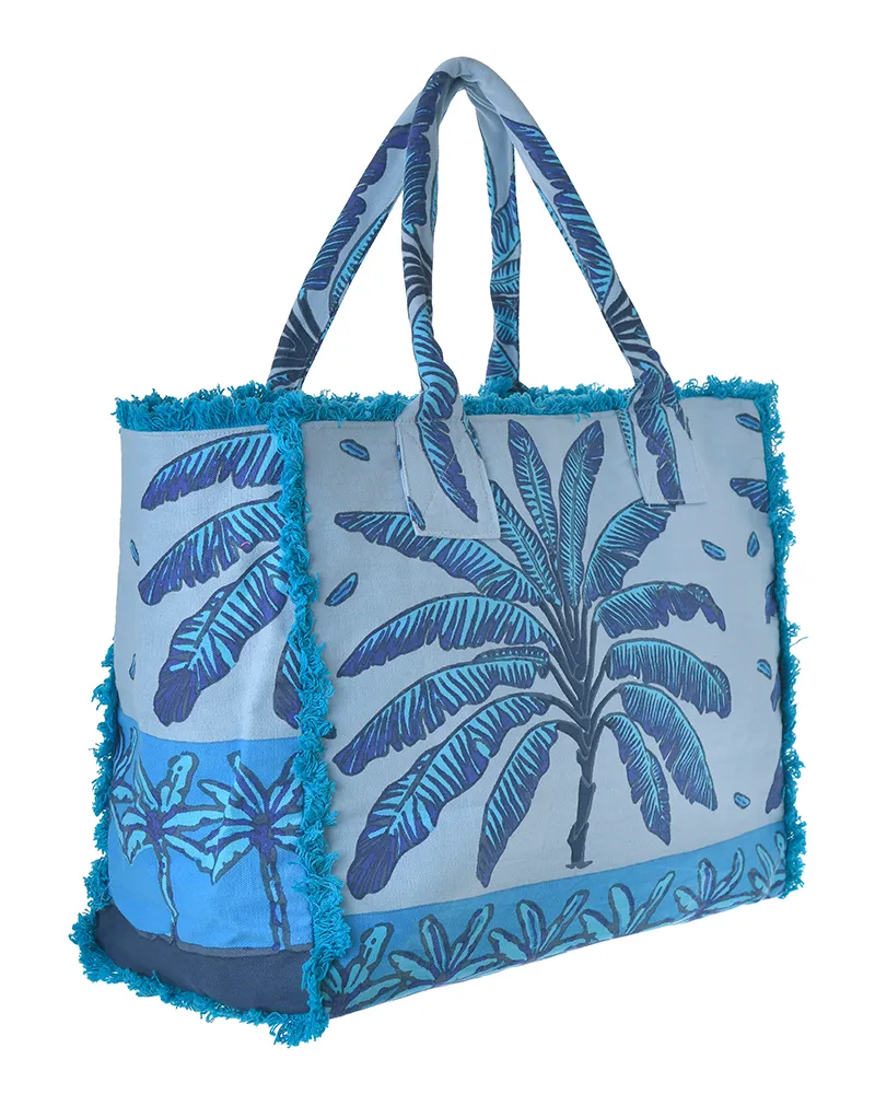 ΤΣΑΝΤΑ ΥΦΑΣΜΑΤΙΝH ΜΠΛΕ ΜΕ ΦΟΙΝΙΚΕΣ 42X30X20 (50%COTTON 50% POLYESTER)