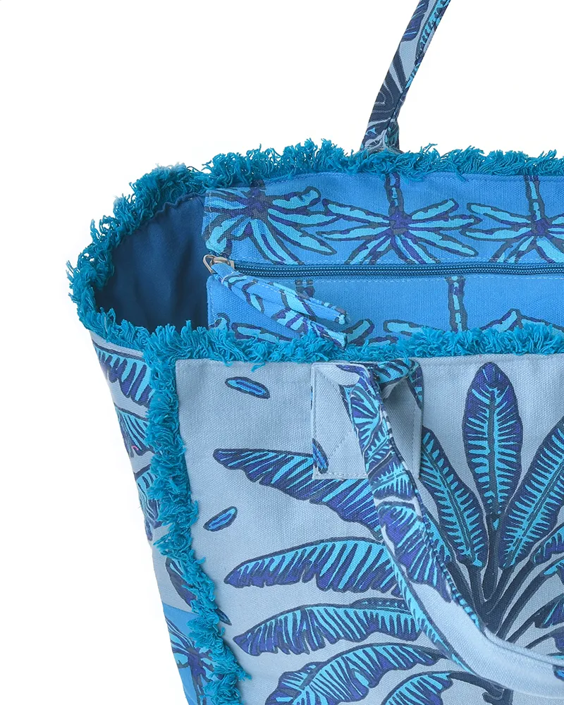 ΤΣΑΝΤΑ ΥΦΑΣΜΑΤΙΝH ΜΠΛΕ ΜΕ ΦΟΙΝΙΚΕΣ 42X30X20 (50%COTTON 50% POLYESTER)