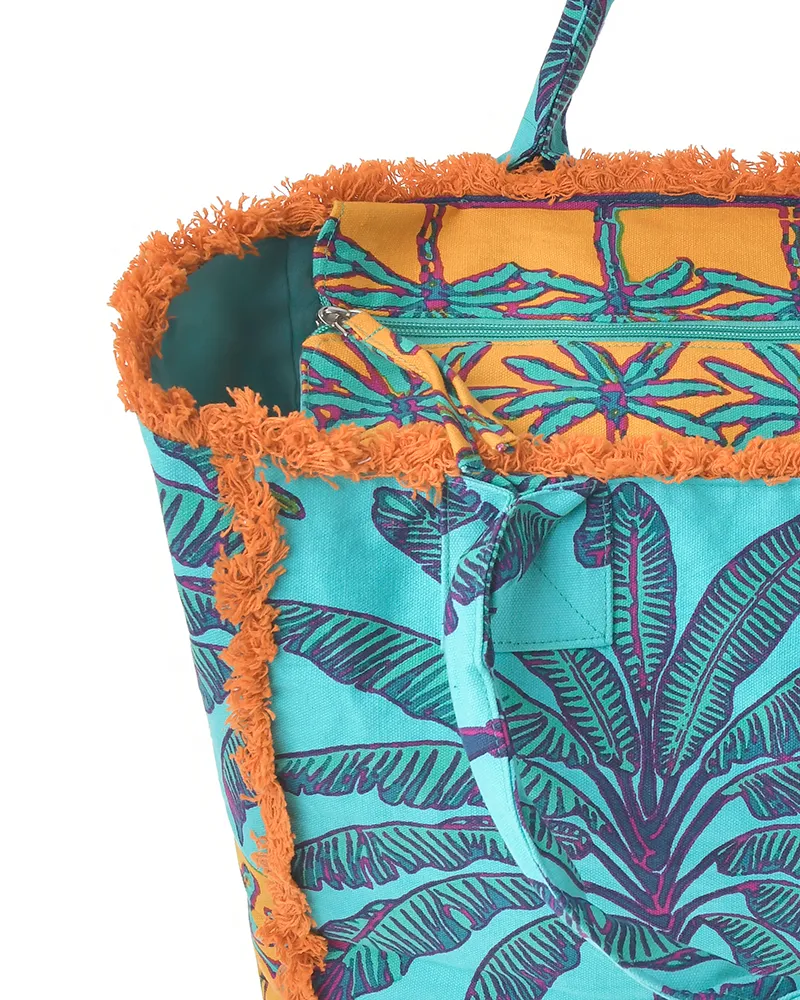 ΤΣΑΝΤΑ ΥΦΑΣΜΑΤΙΝH ΠΟΡΤΟΚΑΛΙ/ΤΙΡΚΟΥΑΖ ΜΕ ΦΟΙΝΙΚΕΣ 42X30X20 (50% COTTON 50% POLYESTER)