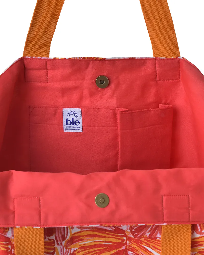 ΤΣΑΝΤΑ ΥΦΑΣΜΑΤΙΝH ΠΟΡΤΟΚΑΛΙ/ΡΟΖ ΜΕ ΦΥΛΛΑ 40X43X20 (50% COTTON 50% POLYESTER)