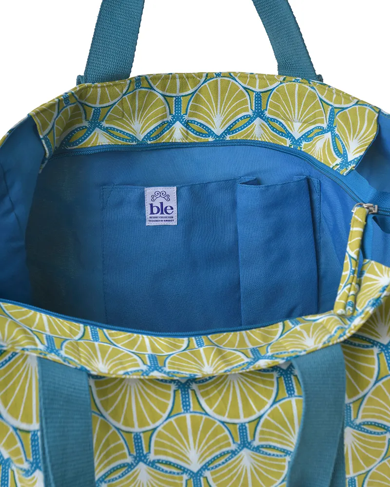 ΤΣΑΝΤΑ ΥΦΑΣΜΑΤΙΝH ΚΙΤΡΙΝΗ/ΓΑΛΑΖΙΑ 48X38X18 (50% COTTON 50% POLYESTER)