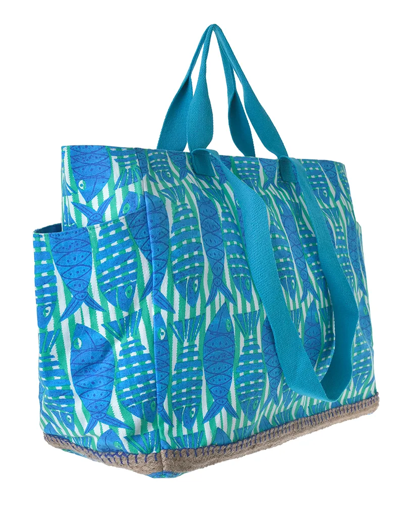 ΤΣΑΝΤΑ ΥΦΑΣΜΑΤΙΝH ΜΠΛΕ ΜΕ ΨΑΡΙΑ 48X38X18 (50% COTTON 50% POLYESTER)