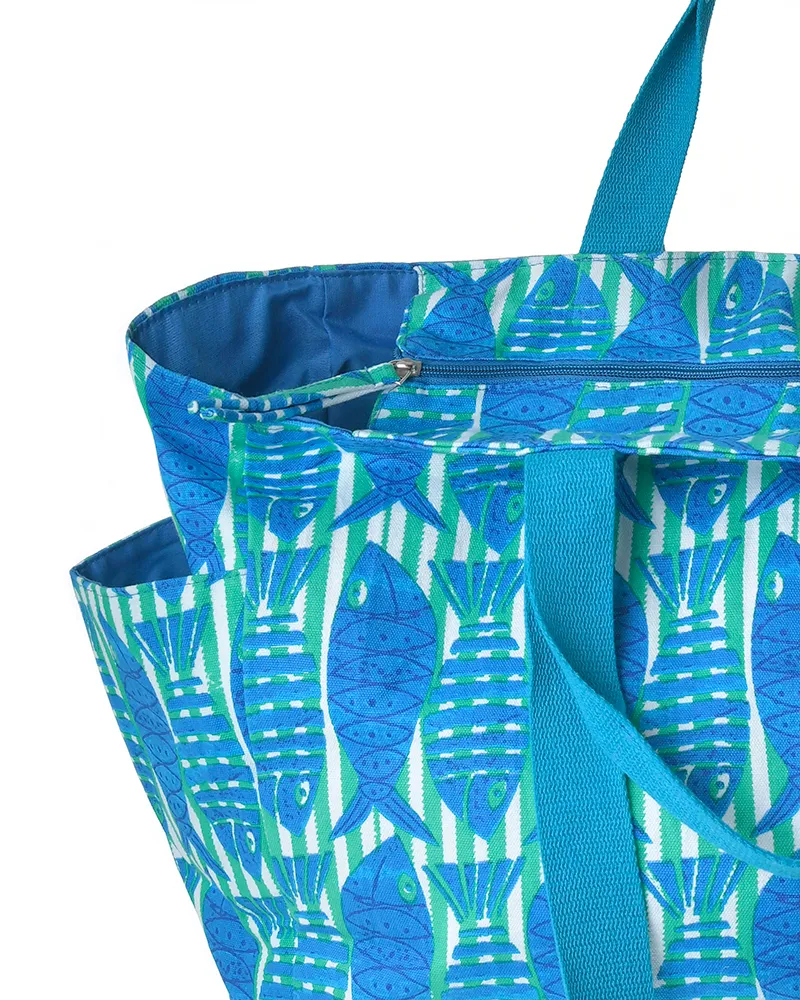 ΤΣΑΝΤΑ ΥΦΑΣΜΑΤΙΝH ΜΠΛΕ ΜΕ ΨΑΡΙΑ 48X38X18 (50% COTTON 50% POLYESTER)