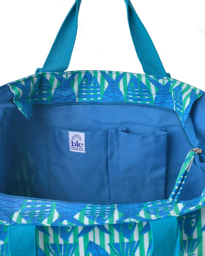 ΤΣΑΝΤΑ ΥΦΑΣΜΑΤΙΝH ΜΠΛΕ ΜΕ ΨΑΡΙΑ 48X38X18 (50% COTTON 50% POLYESTER)