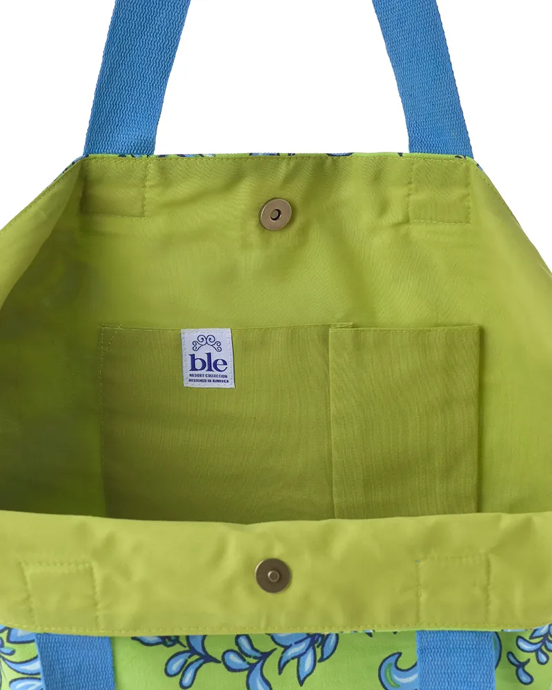 ΤΣΑΝΤΑ ΥΦΑΣΜΑΤΙΝH ΠΡΑΣΙΝΟ/ΜΠΛΕ 40X43X20 (50% COTTON 50% POLYESTER)