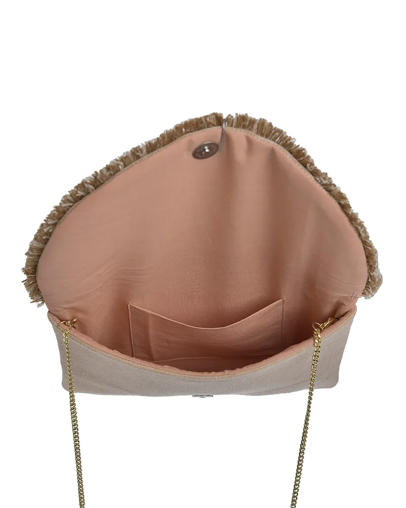 ΤΣΑΝΤΑΚΙ ΥΦΑΣΜΑΤΙΝΟ ΧΡΥΣΟ/ΜΠΕΖ/ΠΟΡΤΟΚΑΛΙ ΜΕ ΚΟΧΥΛΙΑ ΚΑΙ ΧΑΝΤΡΕΣ