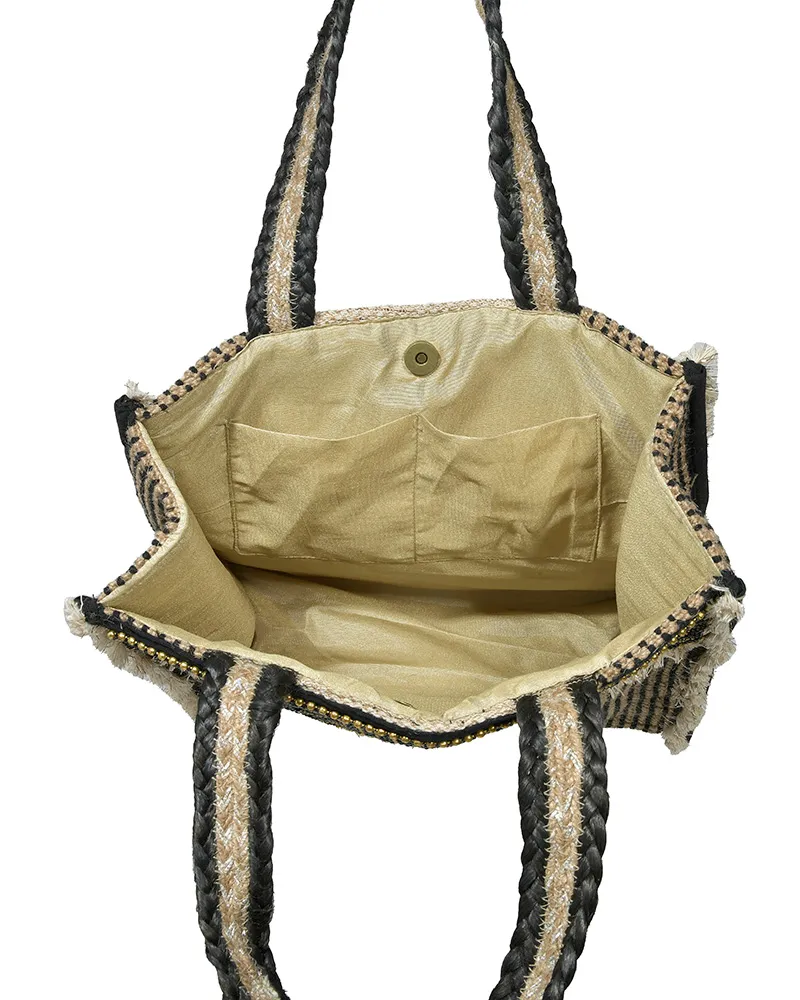 ΤΣΑΝΤΑ ΥΦΑΣΜΑΤΙΝΗ ΜΠΕΖ/ΜΑΥΡΗ ΜΕ ΧΡΥΣΕΣ ΛΕΠΤΟΜΕΡΕΙΕΣ34χ14χ30/52(80%JUTE/20%COTTON)