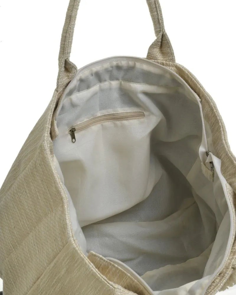 ΤΣΑΝΤΑ ΥΦΑΣΜΑΤΙΝΗ ΕΚΡΟΥ ΜΕ ΜΠΛΕ ΛΕΠΤΟΜΕΡΕΙΕΣ45x16x30/55 (100% COTTON)