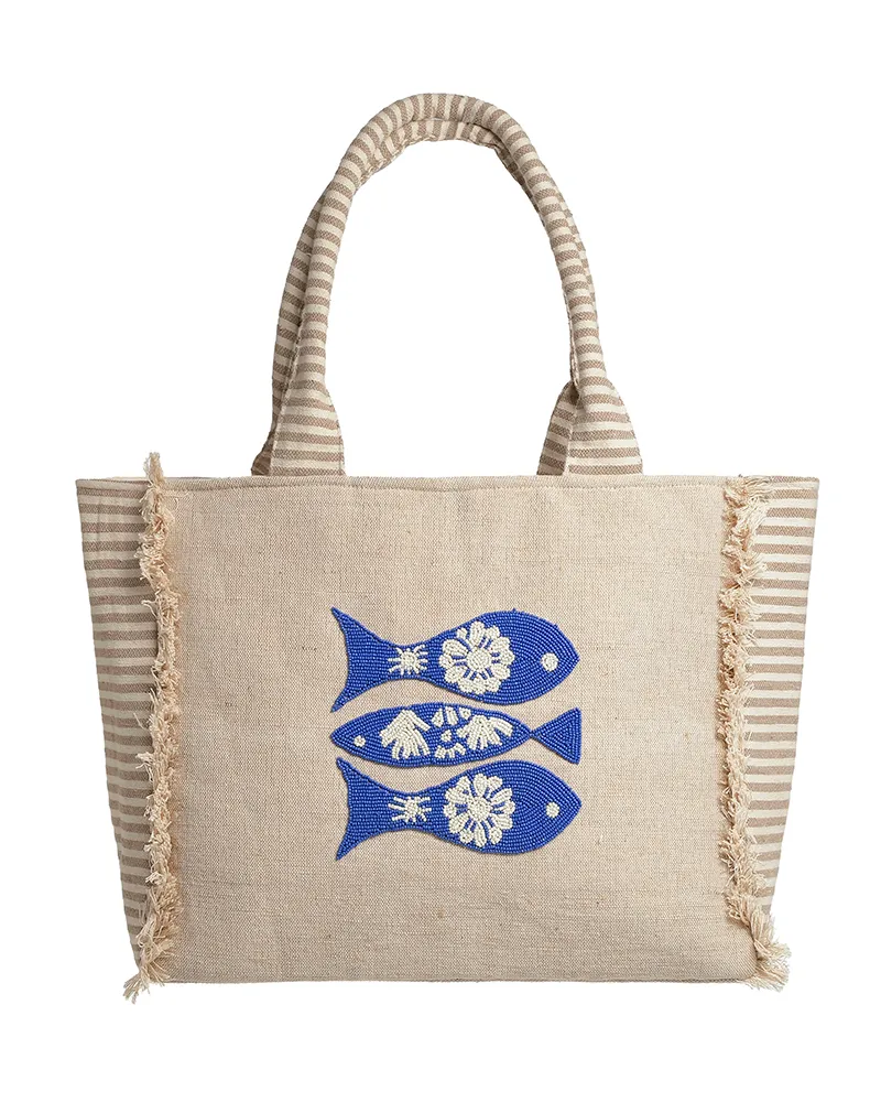 ΤΣΑΝΤA ΥΦΑΣΜΑΤΙΝΗ ”ΨΑΡΙΑ” ΕΚΡΟΥ ΜΕ ΜΠΛΕ ΧΑΝΤΡΕΣ 22X13.5X6 (100% COTTON) ΤΣΑΝΤA ΥΦΑΣΜΑΤΙΝΗ ”ΨΑΡΙΑ” ΕΚΡΟΥ ΜΕ ΜΠΛΕ ΧΑΝΤΡΕΣ 22X13.5X6 (100% COTTON)