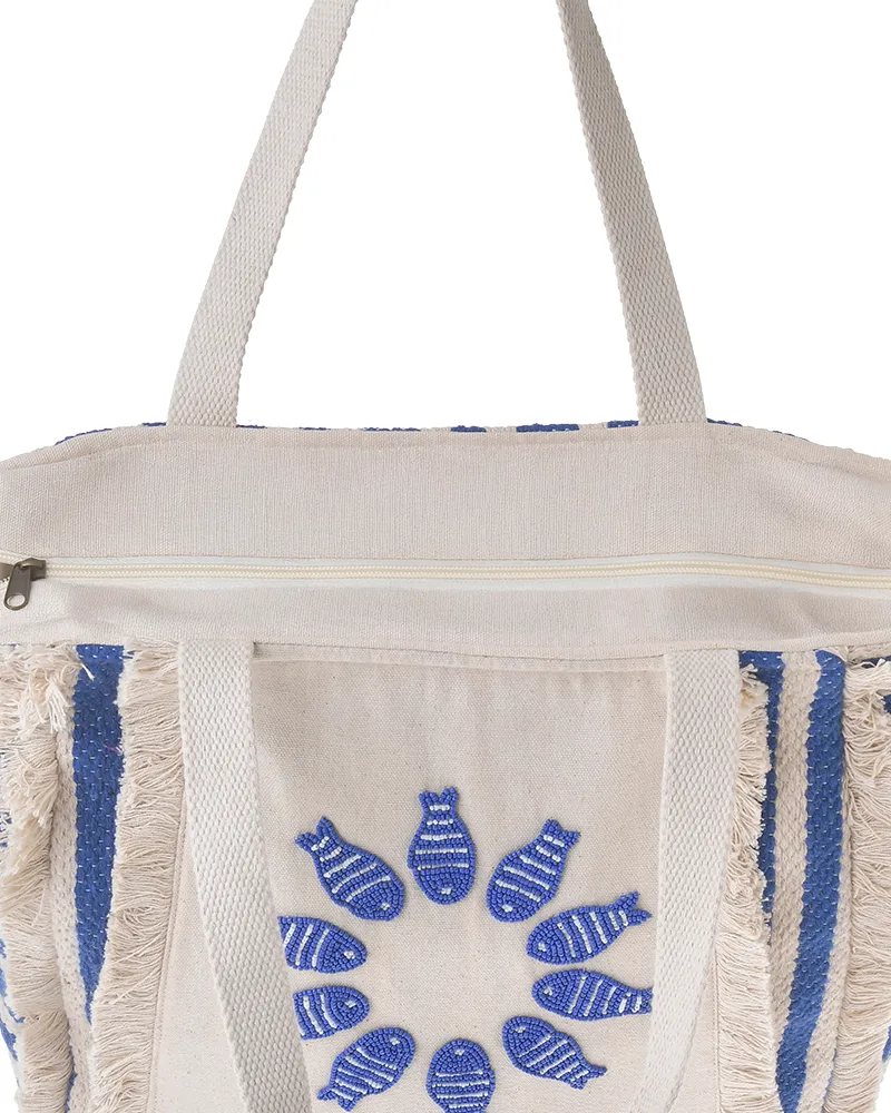 ΤΣΑΝΤA ΥΦΑΣΜΑΤΙΝΗ ''ΨΑΡΙΑ'' ΕΚΡΟΥ ΜΕ ΜΠΛΕ ΧΑΝΤΡΕΣ (32X29X15)