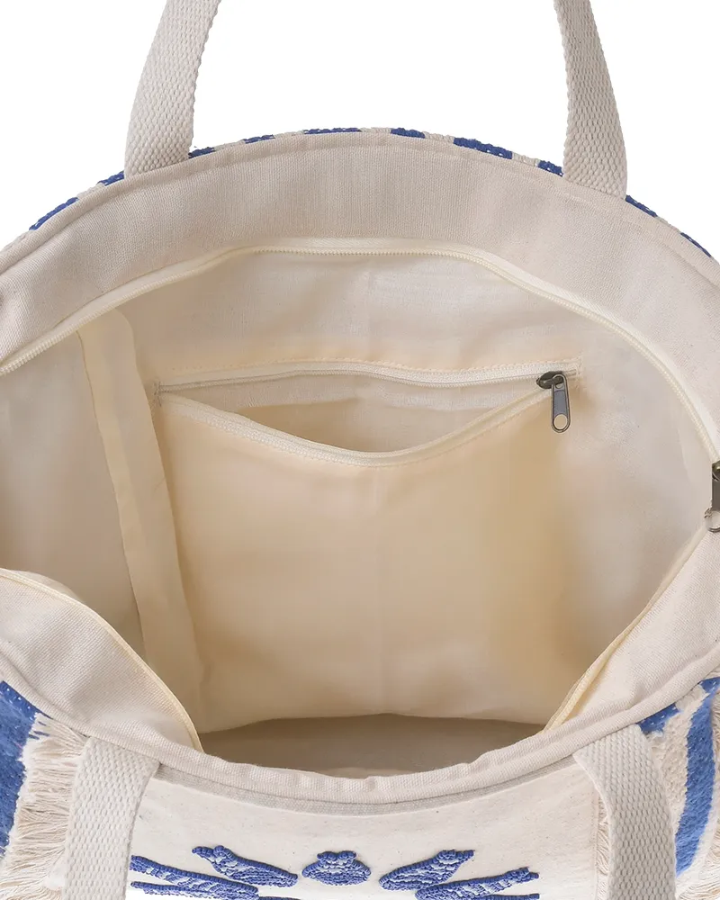 ΤΣΑΝΤA ΥΦΑΣΜΑΤΙΝΗ ''ΨΑΡΙΑ'' ΕΚΡΟΥ ΜΕ ΜΠΛΕ ΧΑΝΤΡΕΣ (32X29X15)