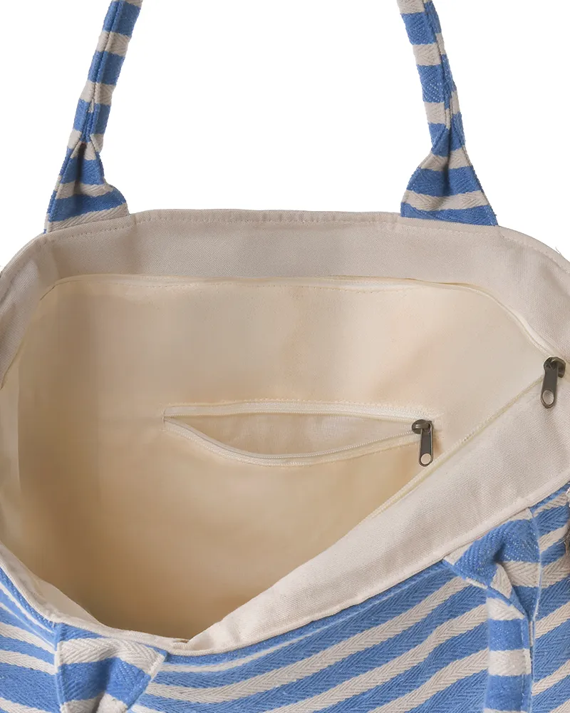 ΤΣΑΝΤA ΥΦΑΣΜΑΤΙΝΗ ''ΨΑΡΙΑ'' ΜΠΛΕ/ΛΕΥΚΟ ΜΕ ΧΑΝΤΡΕΣ (40X38X15)