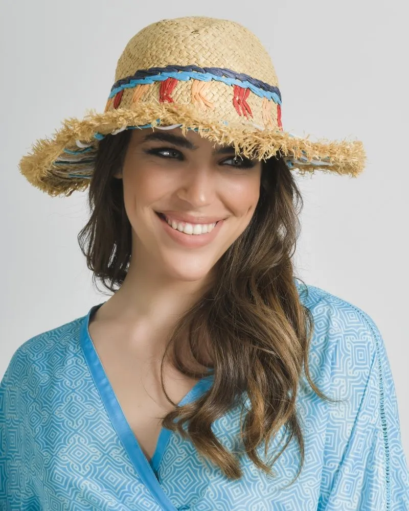 ΚΑΠΕΛΟ ΜΠΕΖ ΜΕ ΠΟΛΥΧΡΩΜΕΣ ΛΕΠΤΟΜΕΡΕΙΕΣ (100% RAFFIA) 38X34X12