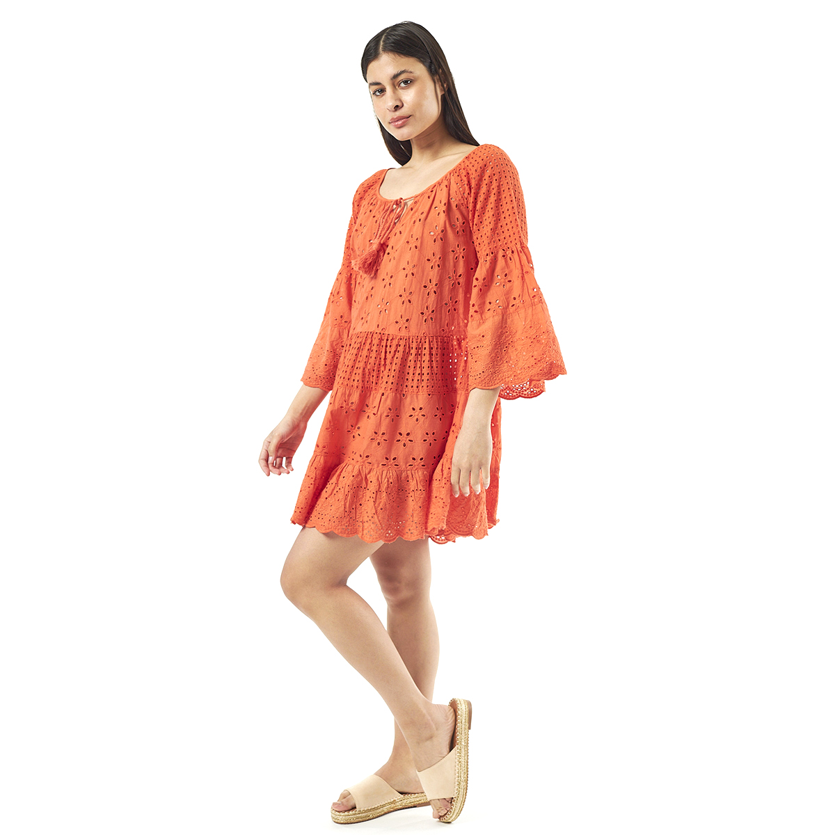 Verde Γυναικείο Φόρεμα 52-0052 Cotton Ινδίας Πορτοκαλί