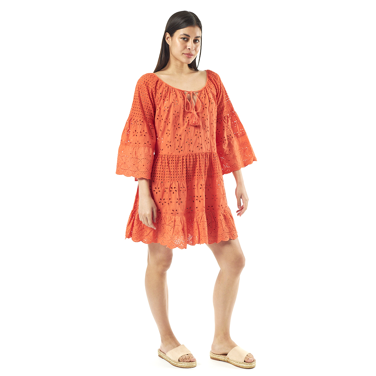 Verde Γυναικείο Φόρεμα 52-0052 Cotton Ινδίας Πορτοκαλί